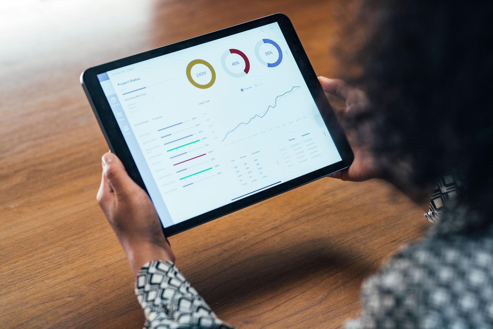 Close Up: Anonyme Geschäftsfrau analysiert statistische Geschäftsberichte auf ihrem Tablet PC im Büro